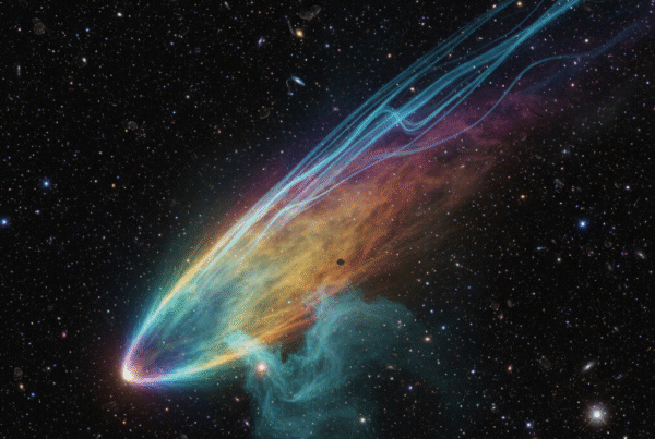 beautifull image of the comet 3I Atlas, changing colors cruising into space.png