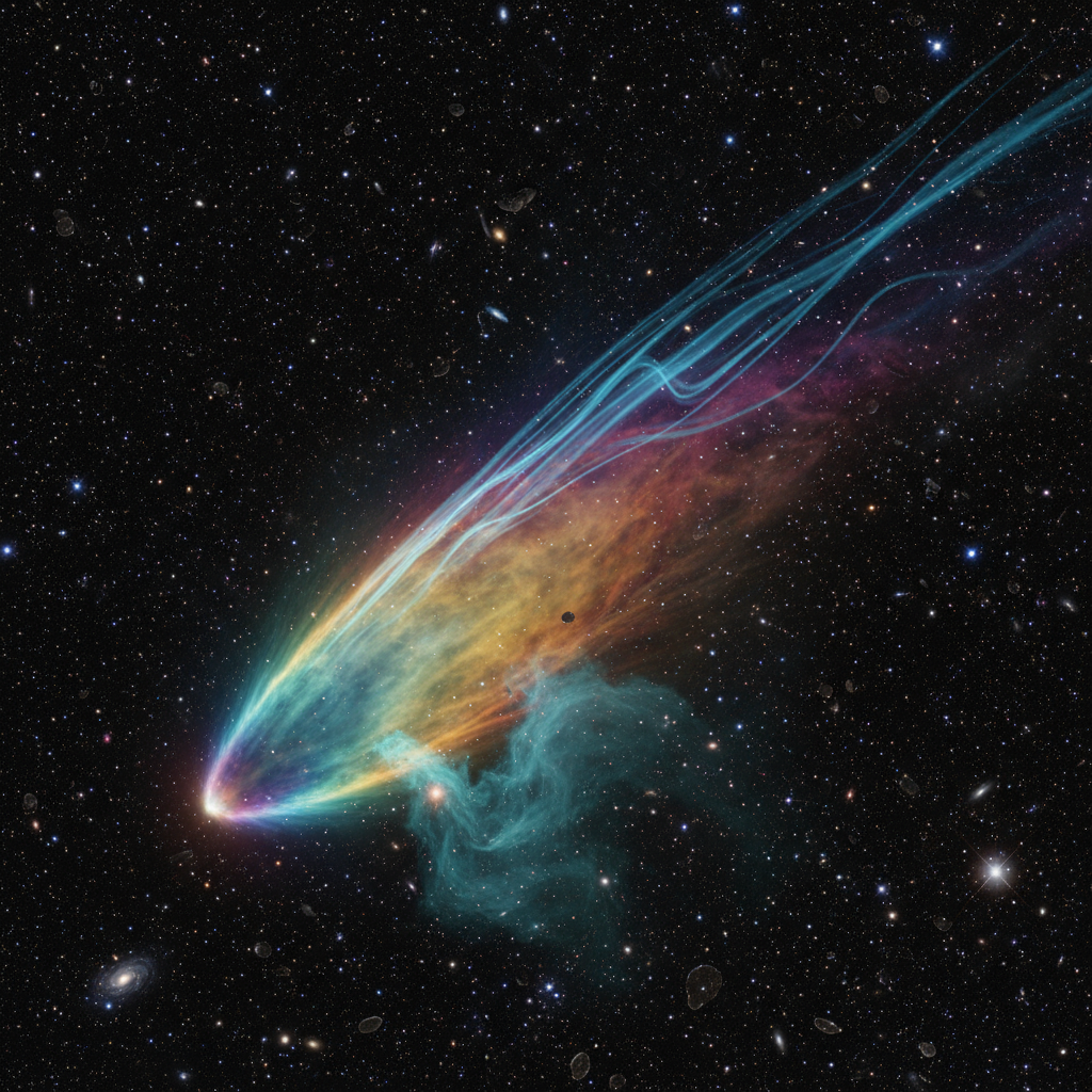 beautifull image of the comet 3I Atlas, changing colors cruising into space.png